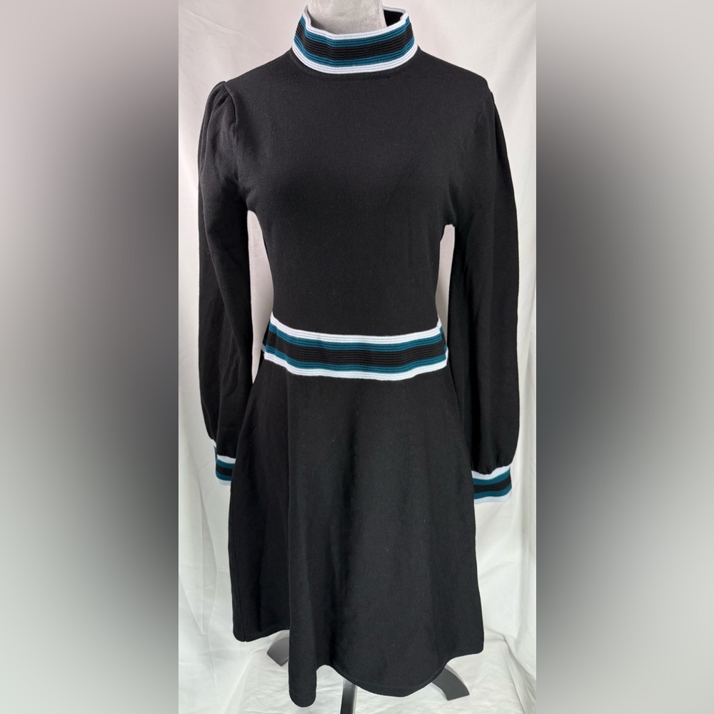 Vince Camuto black Mock-Neck Fit & Flare Dress striped size large stretchy work